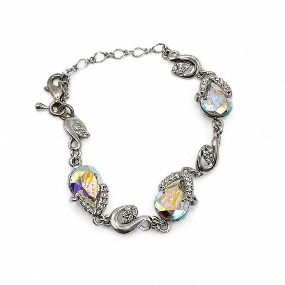 FA‎ 925 Sterling Silver AB Crystal Teardrop Bracelet Rhinestone Adjustable